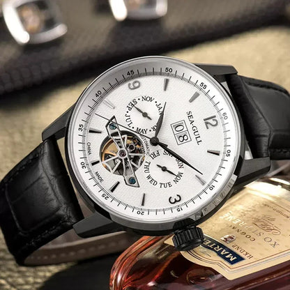 Seagull Men Automatic Watch Fashion Hollow Flywheel Mechanical Wristwatch Multi-function calendar week month Waterproof Clock