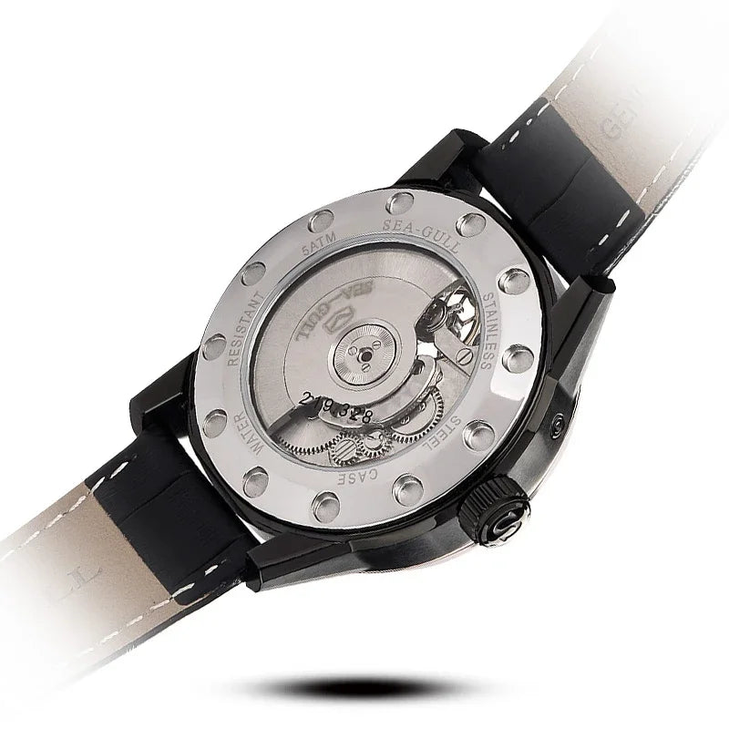 Seagull Men Automatic Watch Fashion Hollow Flywheel Mechanical Wristwatch Multi-function calendar week month Waterproof Clock