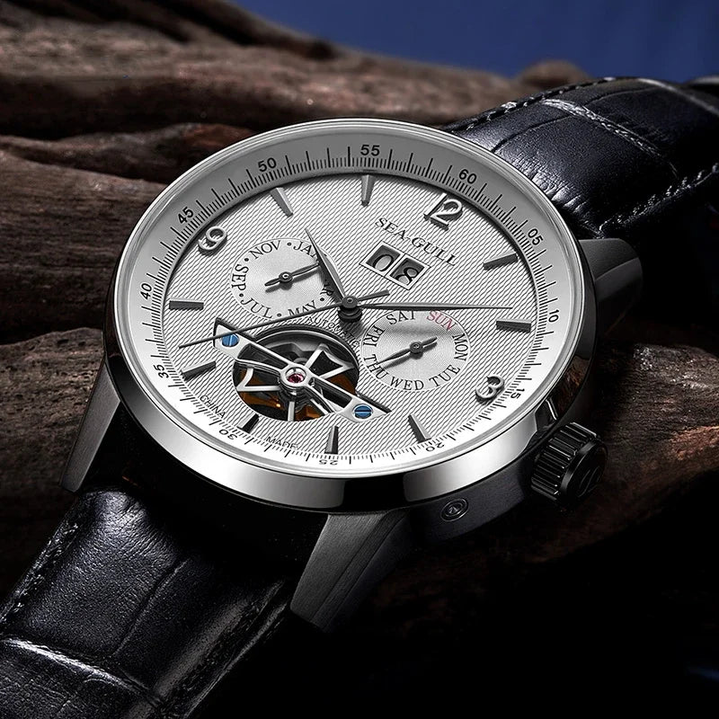 Seagull Men Automatic Watch Fashion Hollow Flywheel Mechanical Wristwatch Multi-function calendar week month Waterproof Clock