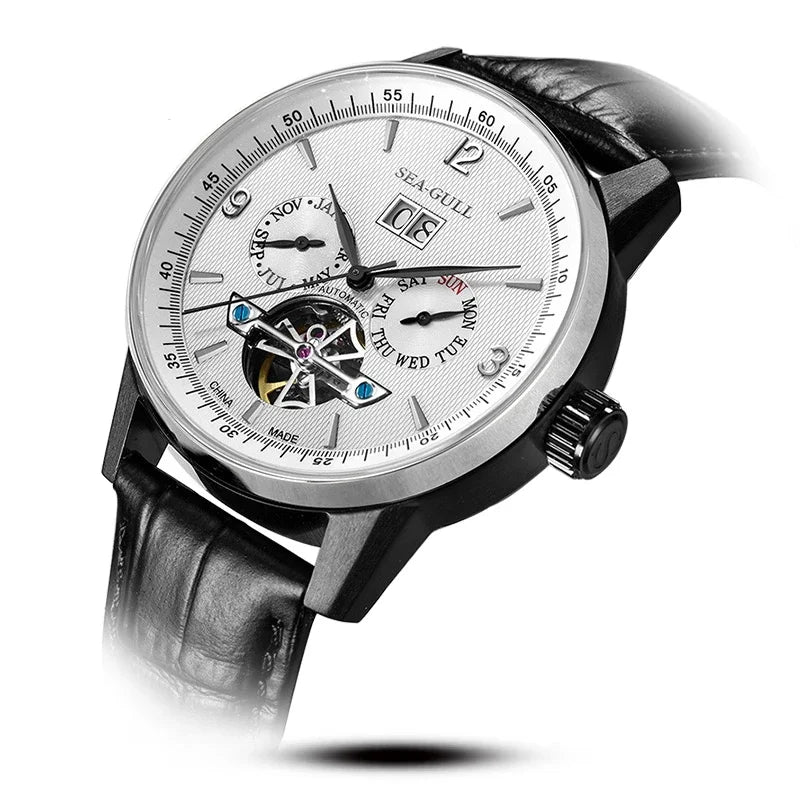 Seagull Men Automatic Watch Fashion Hollow Flywheel Mechanical Wristwatch Multi-function calendar week month Waterproof Clock