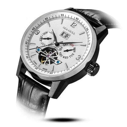 Seagull Men Automatic Watch Fashion Hollow Flywheel Mechanical Wristwatch Multi-function calendar week month Waterproof Clock