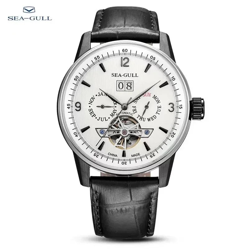 Seagull Men Automatic Watch Fashion Hollow Flywheel Mechanical Wristwatch Multi-function calendar week month Waterproof Clock